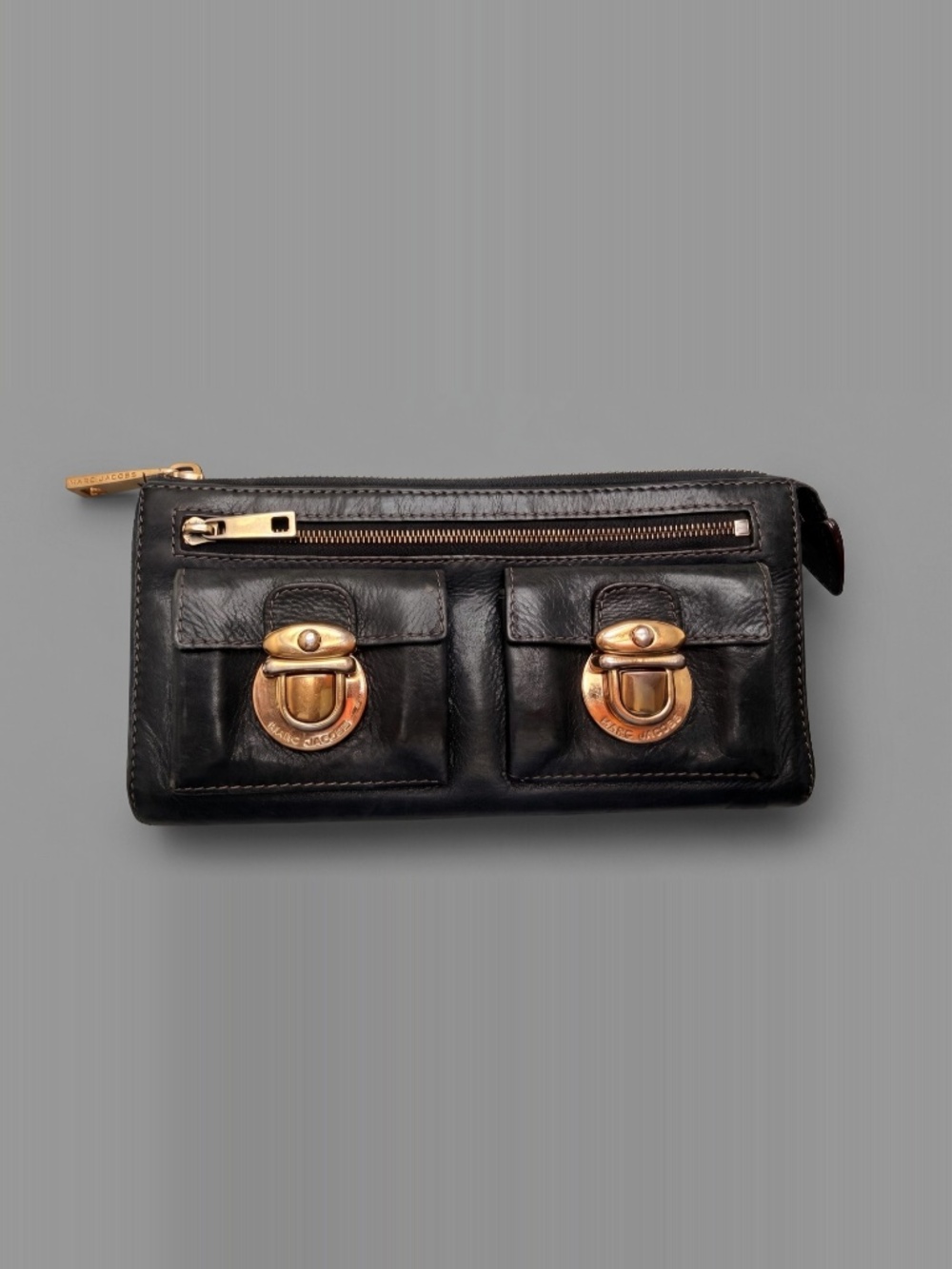 Marc Jacobs Stamford Continental Wallet Clutch Black Leather Push Lock Archival